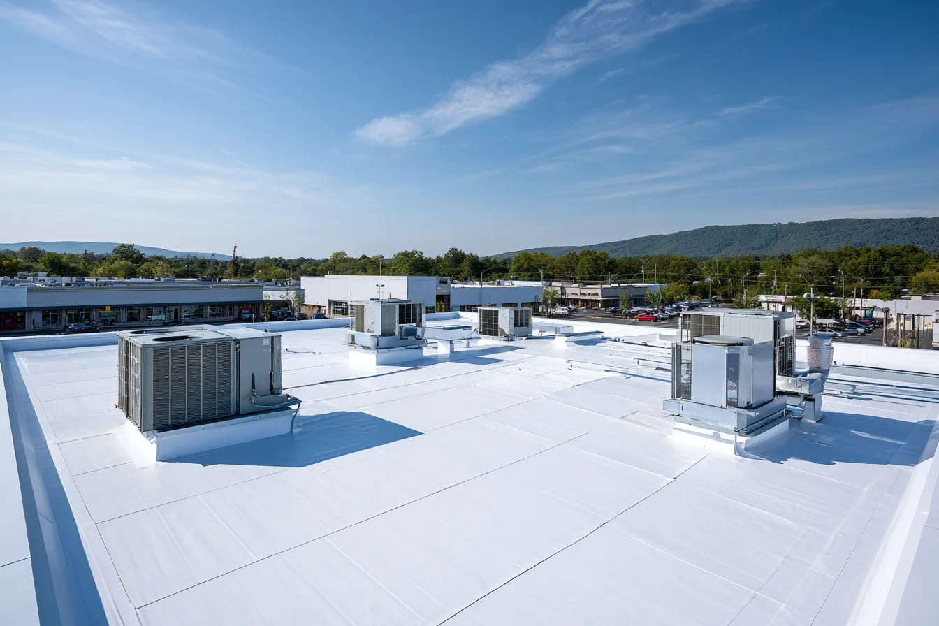 White flat roof membrane with rooftop HVAC units under clear sky